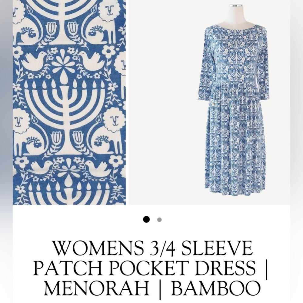 WOMENS 3/4 SLEEVE PATCH POCKET DRESS | MENORAH | BAMBOO Hanukkah, mom women